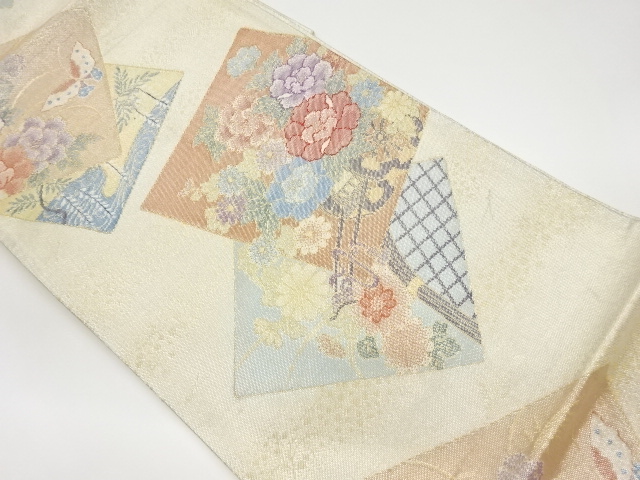 JAPANESE KIMONO / VINTAGE FUKURO OBI / SAGANISHIKI / WOVEN BUTTERFLY & FLORAL CART